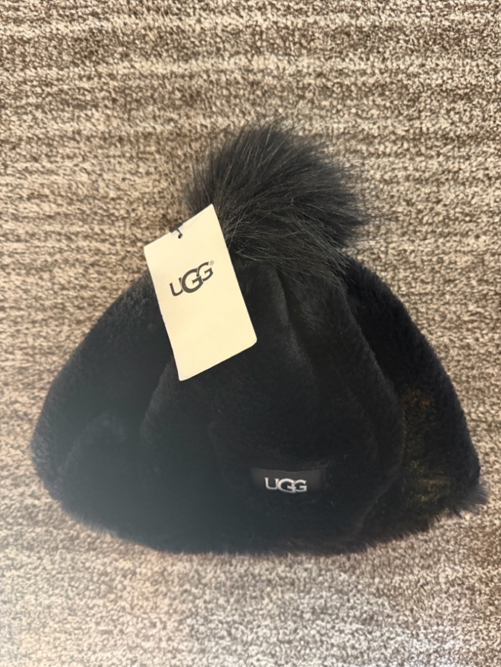UGG Black Faux Fur Beanie - Girls 4-6yrs